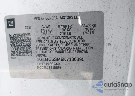 2019 Chevrolet Cruze Ls из США, поврежденный, VIN 1G1BC5SM6K7130395